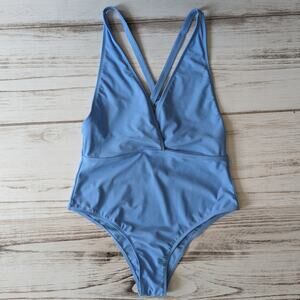 Shein Cornflower Blue Deep V Neck One Piece Bathing Suit sz Large